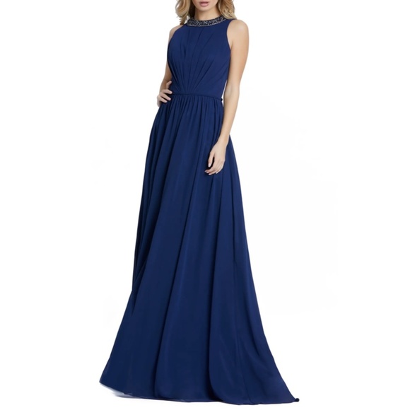 NWT $338 leena for Mac‎ Duggal [ 8 ] Embellished High Neck Pleated Gown Blue - Picture 3 of 15